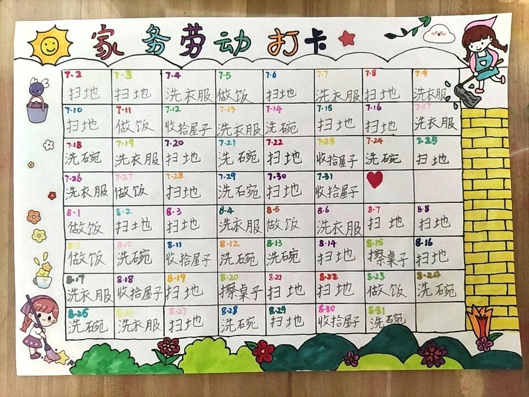暑期家务劳动打卡表 暑期家务劳动打卡