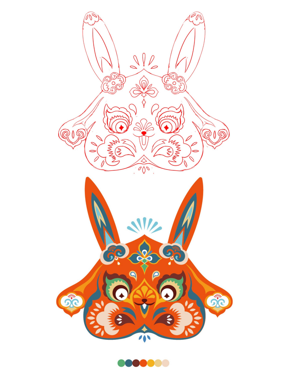 刺绣插画案例|兔子脸谱|传统纹样 -手工布偶插画-可爱兔子!