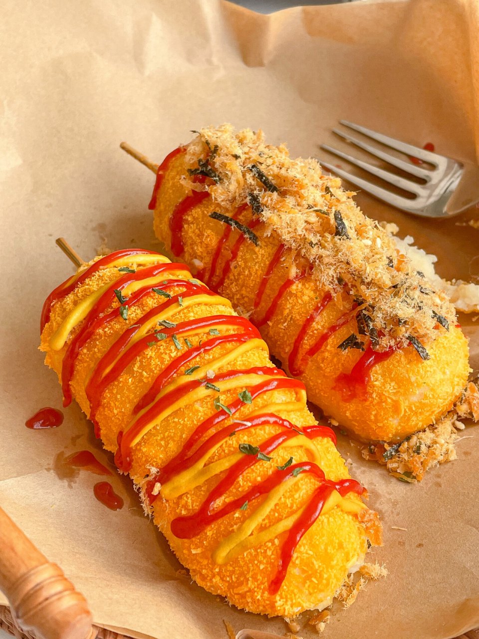 减脂吃7515无面免油炸|土豆泥拉丝芝士热狗棒 今天做了风靡韩国的