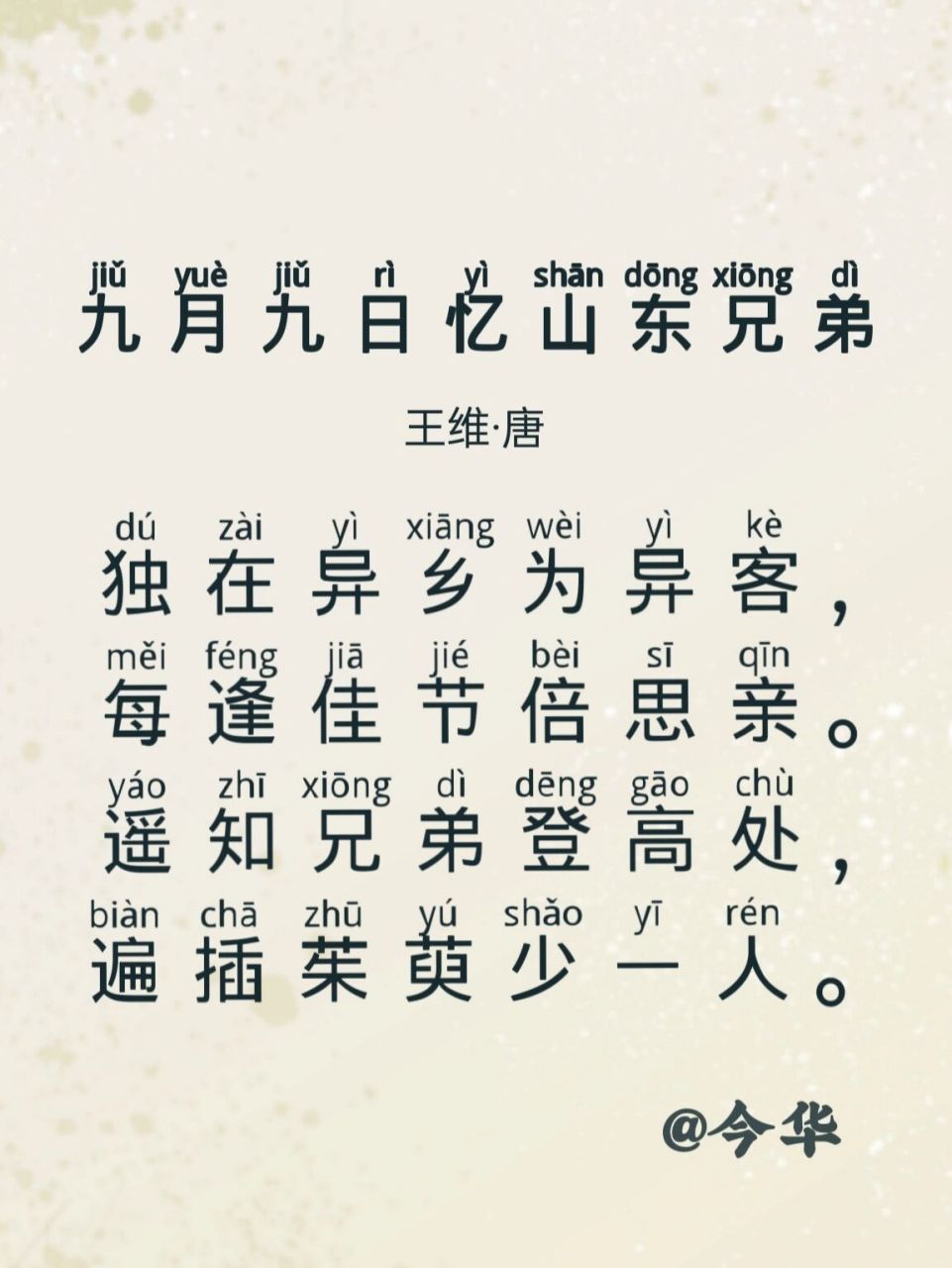 每日诗词丨独在异乡为异客,每逢佳节倍思亲 译文: 一个人独自在他乡