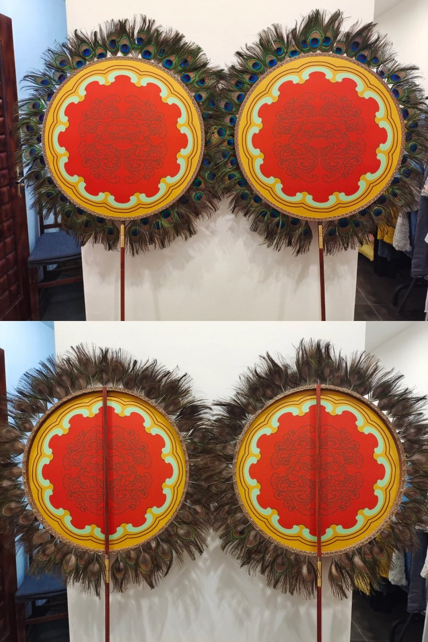 中式汉婚仪仗扇 孔雀羽仪仗扇尺寸规格详细介绍: 	 扇面直径:50cm(加