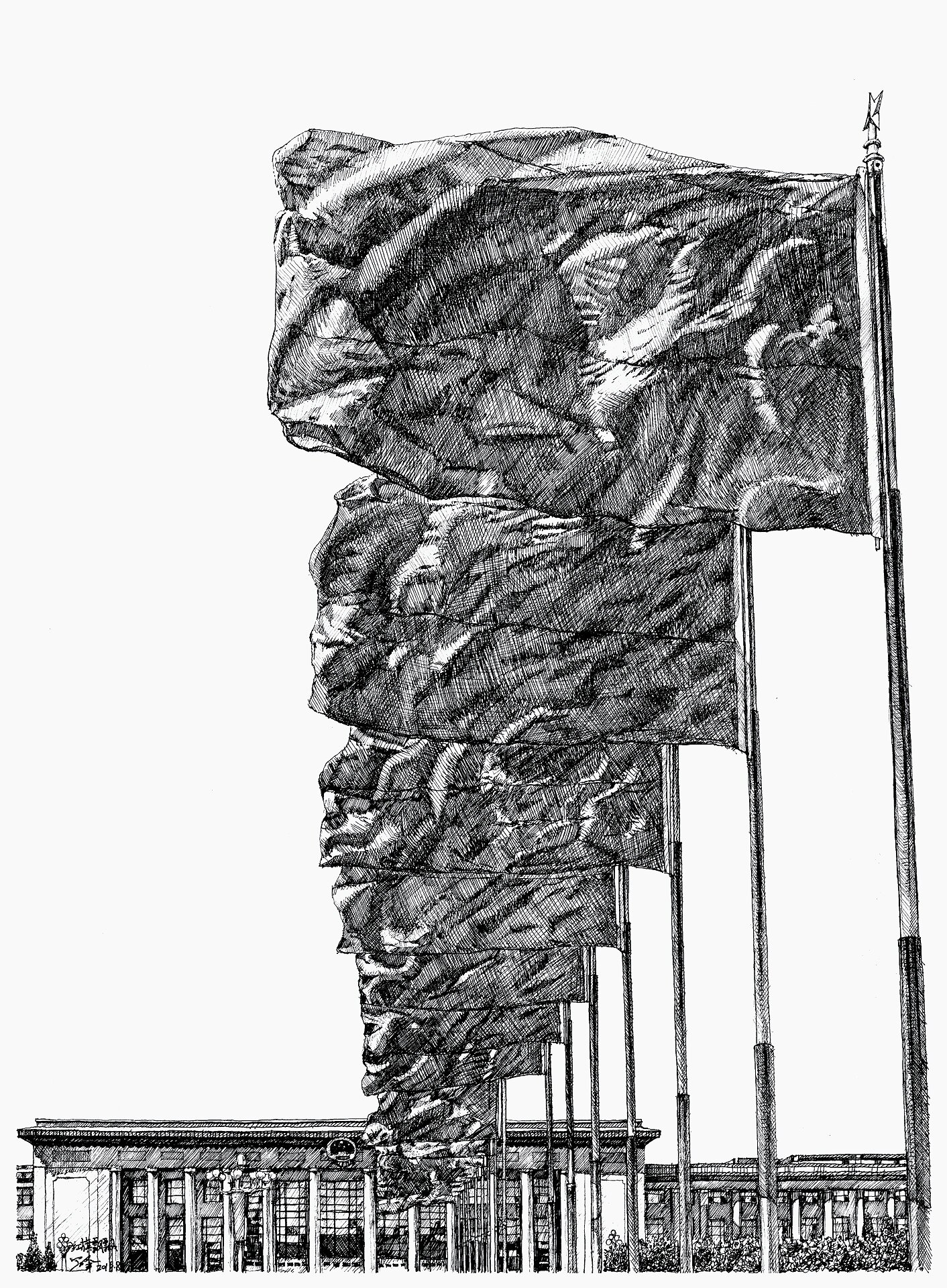 红旗飘飘～(钢笔画速写)