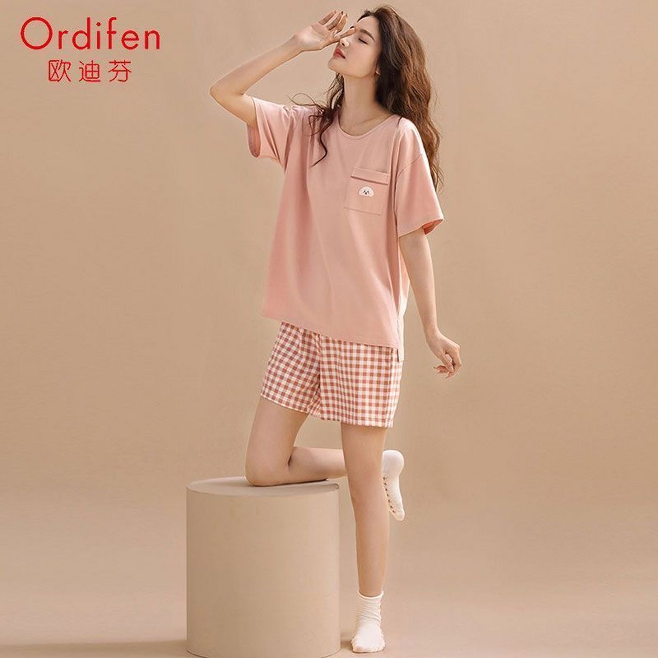 97】欧迪芬新款睡衣女夏天棉质休闲    薄款短袖短裤条纹夏季套装女