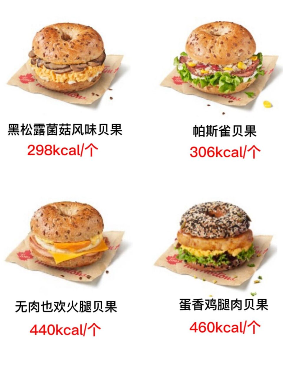 tims(timhortons)贝果合集 | 热量从低到高 单位均为kcal/个,如果贝果