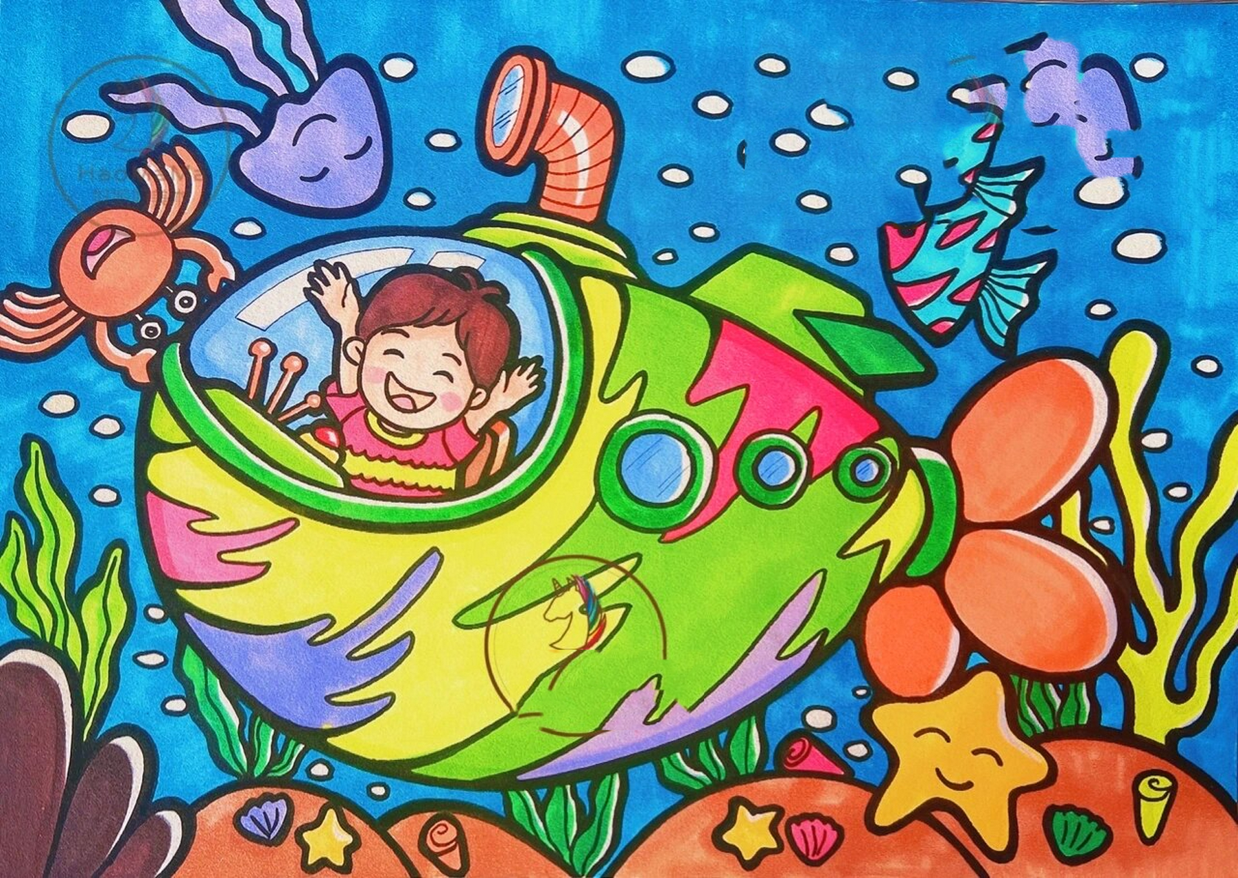 海底潜水艇|马克笔 儿童画 创意儿童画 海洋