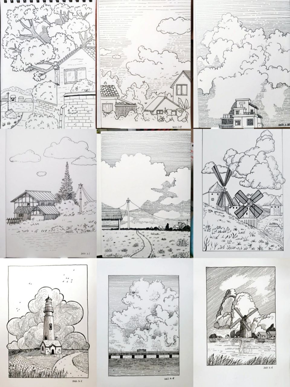 黑白画——风景9宫格 近两个月喜欢的风景系列 特别喜欢临摹这种风格