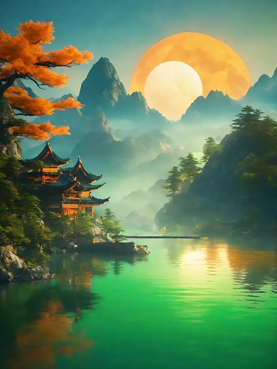 霞光万道,山水如画.