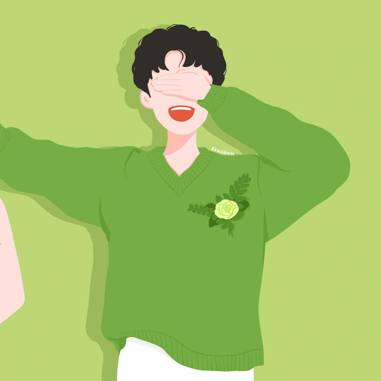 插画头像 | 捧花遮眼的可爱情侣头像 牛油果绿~ 背景多种配色供大家
