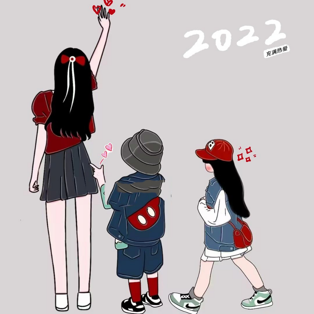 原创手绘亲子头像三人母子母女可爱头像 带娃过程中最应该感谢的人是