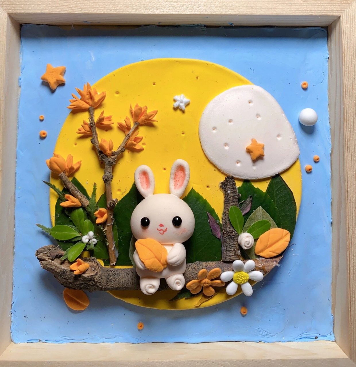树叶黏土手工画-可爱的中秋小兔子,拿去交作