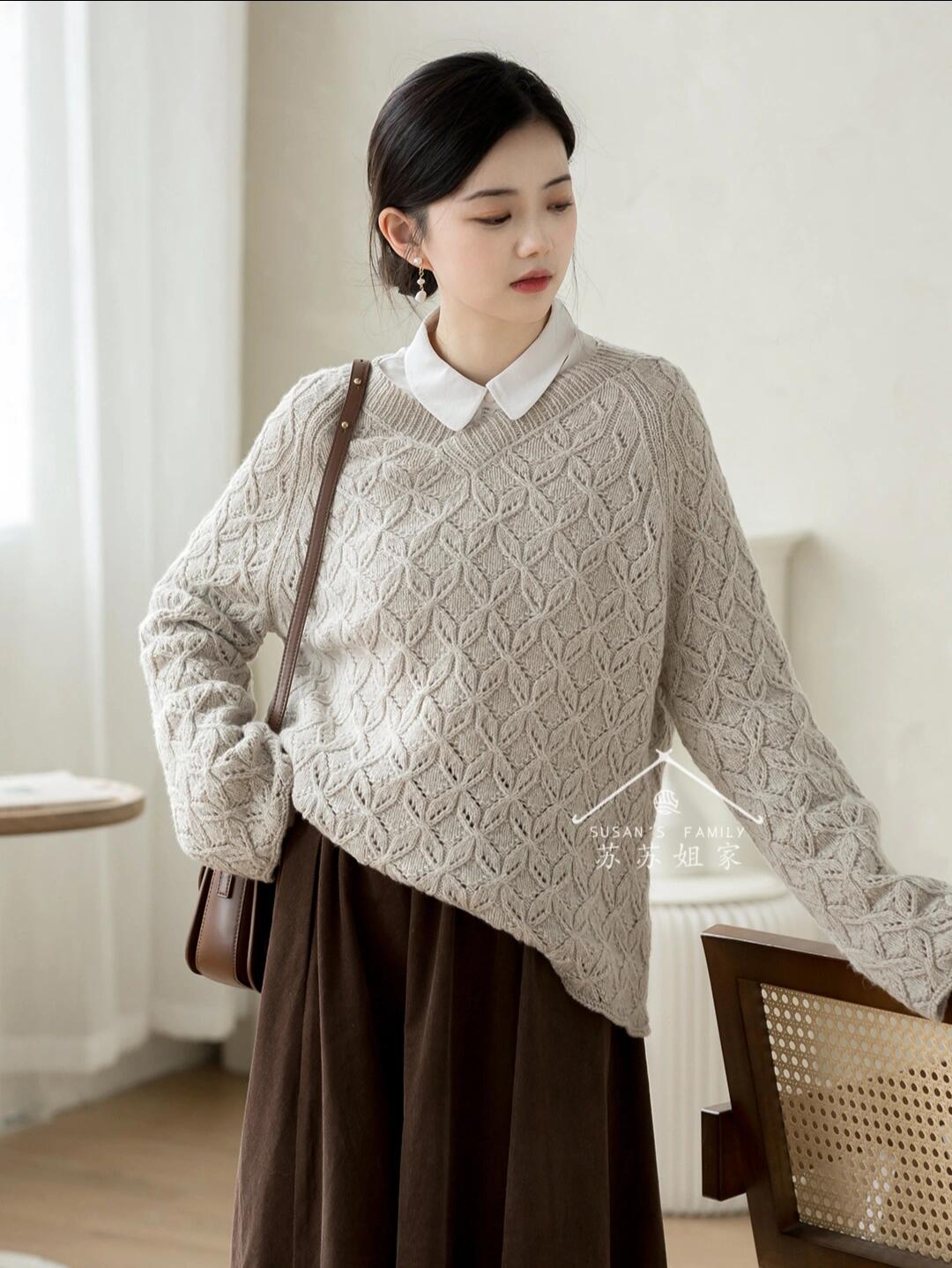 图解|原创手工编织 棒针 幸运花v领羊绒衫