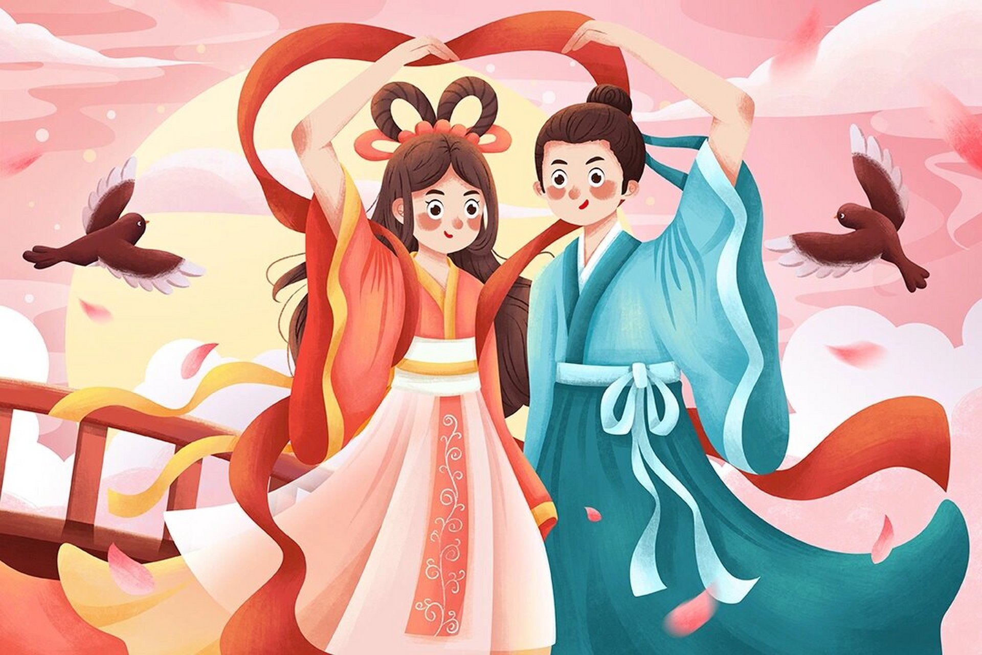古风插画 i 牛郎织女七夕相会,爱意绵绵 七夕牛郎织女,鹊桥相会,爱意