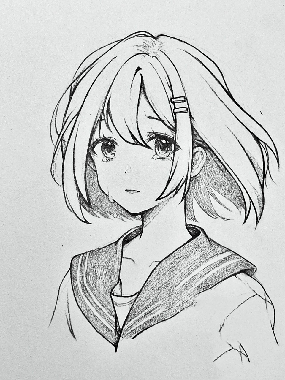 伤心忧郁的手绘动漫画人物头像线稿短发女生 漫画短发女生人像线稿