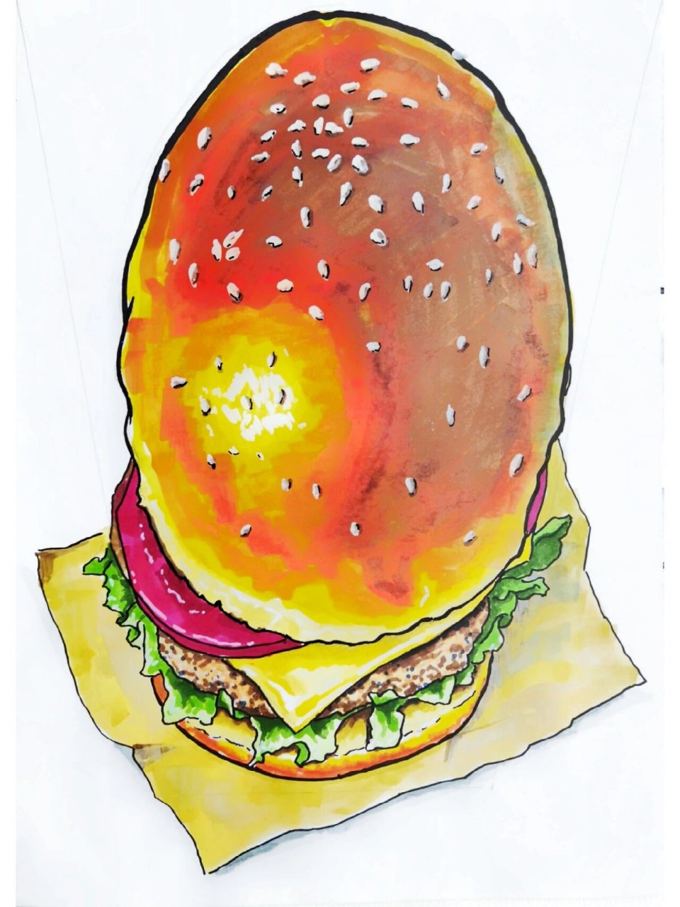 马克笔《汉堡》3d画 | 绘画步骤素材 ①铅笔起稿,纸上画一个梯形(如图