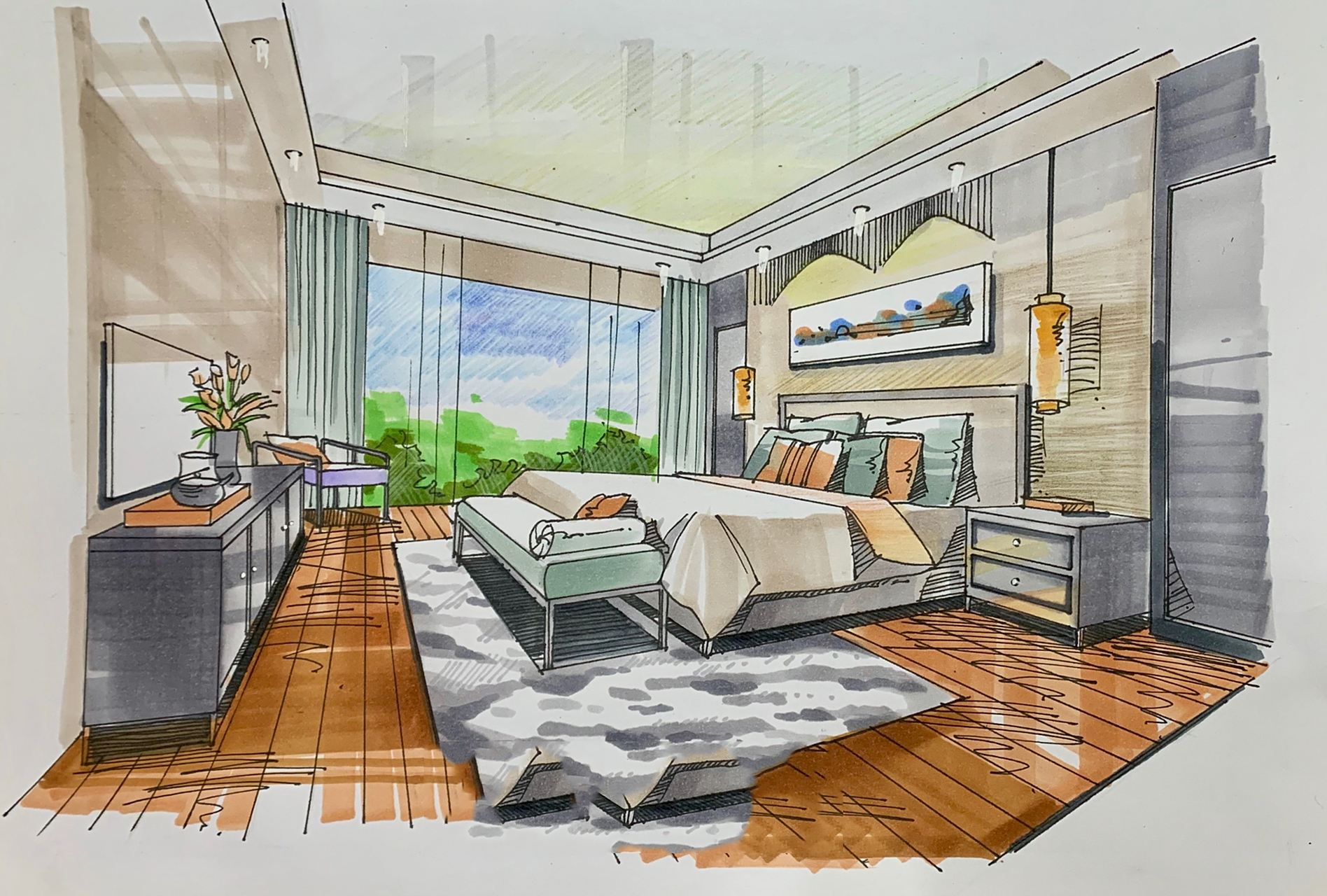 一点斜透室内卧室手绘效果图(附作画步骤) 来教大家画室内一点斜透 1