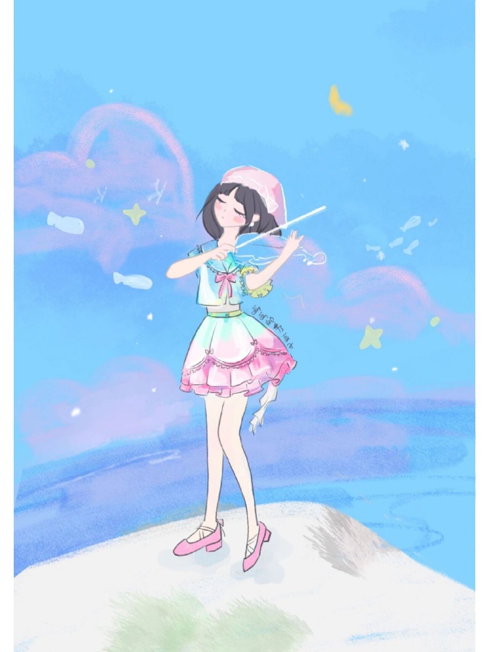 春天拉小提琴的小女孩插画手机壁纸头像