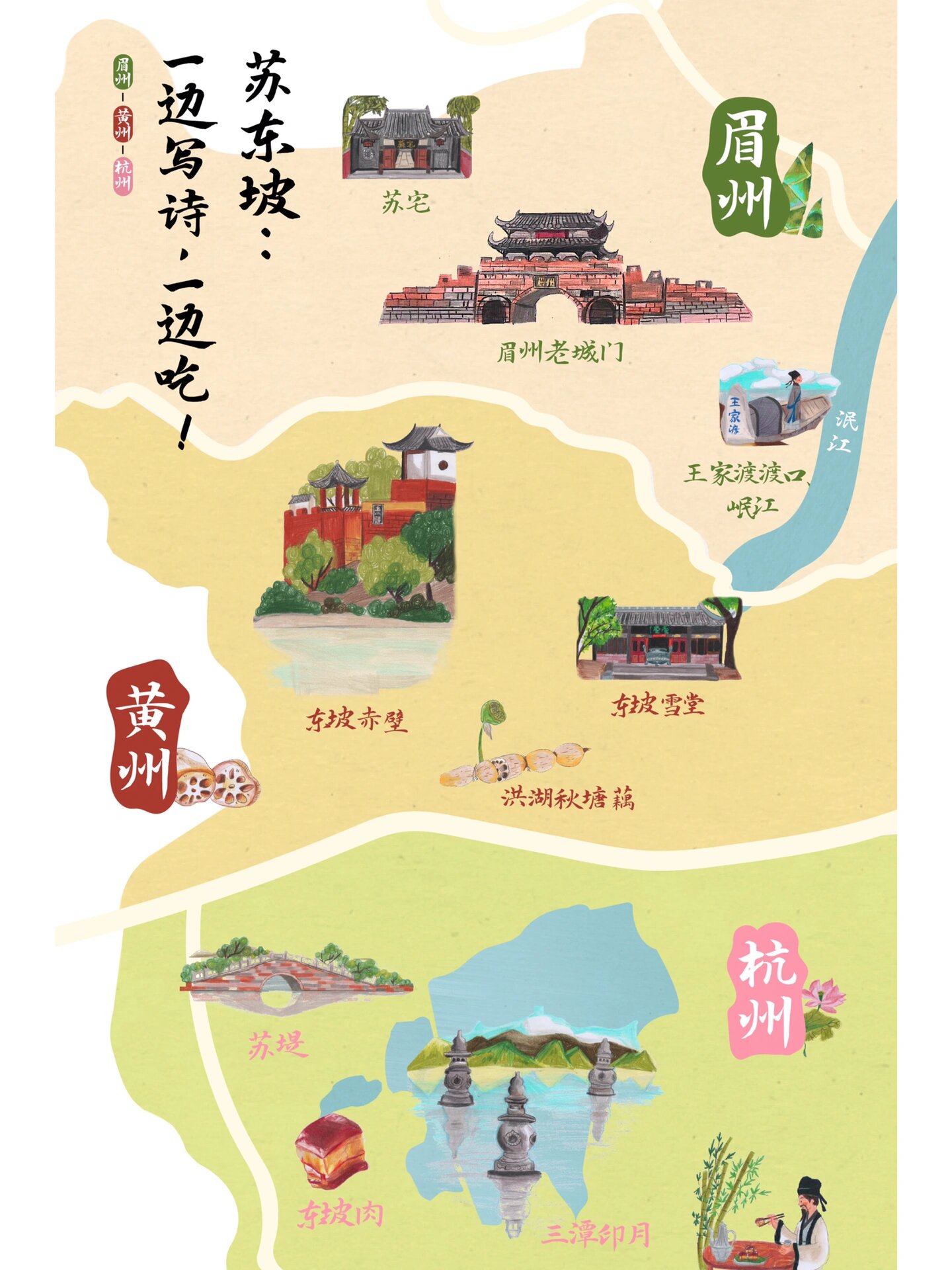 11岁小插画师|手绘苏东坡美食地图插画9015