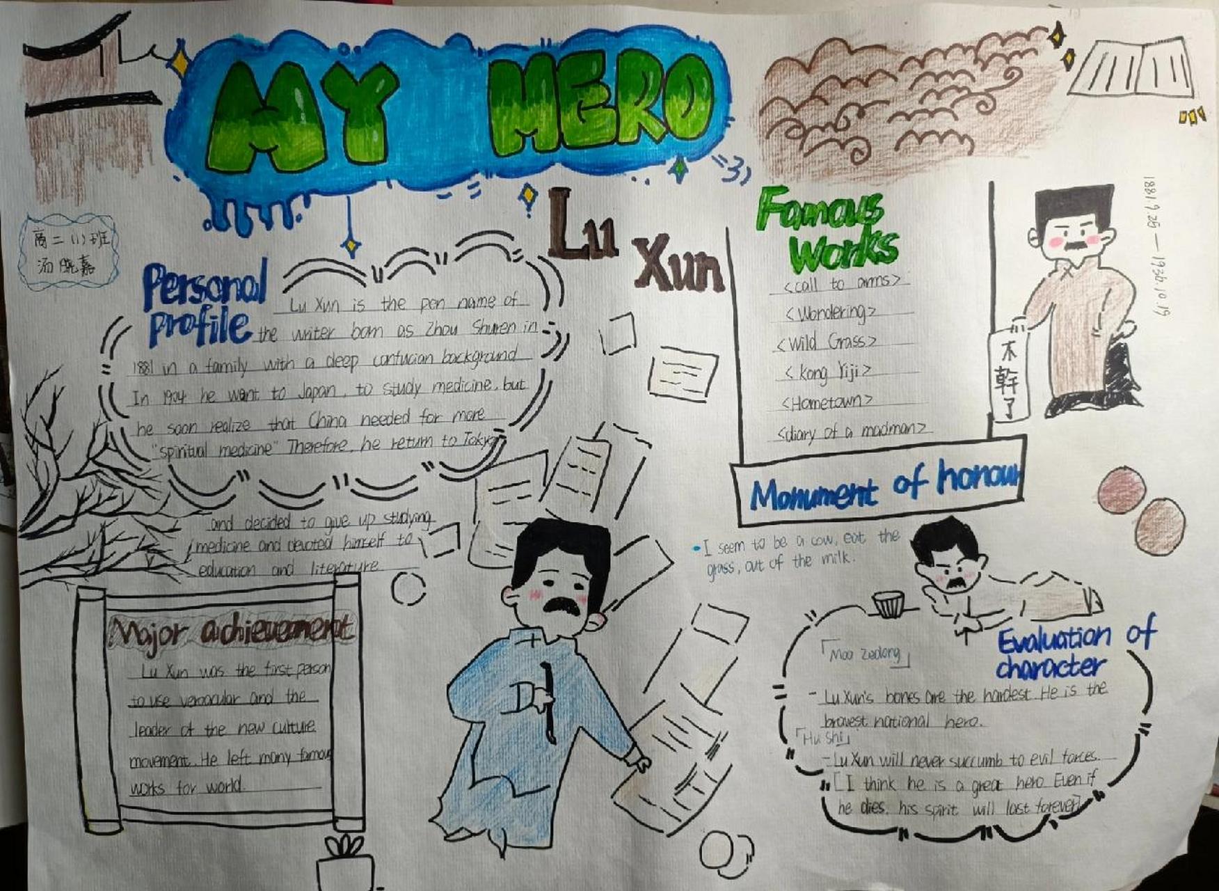 鲁迅人物英语手抄报~很喜欢^   照着之前画的 略