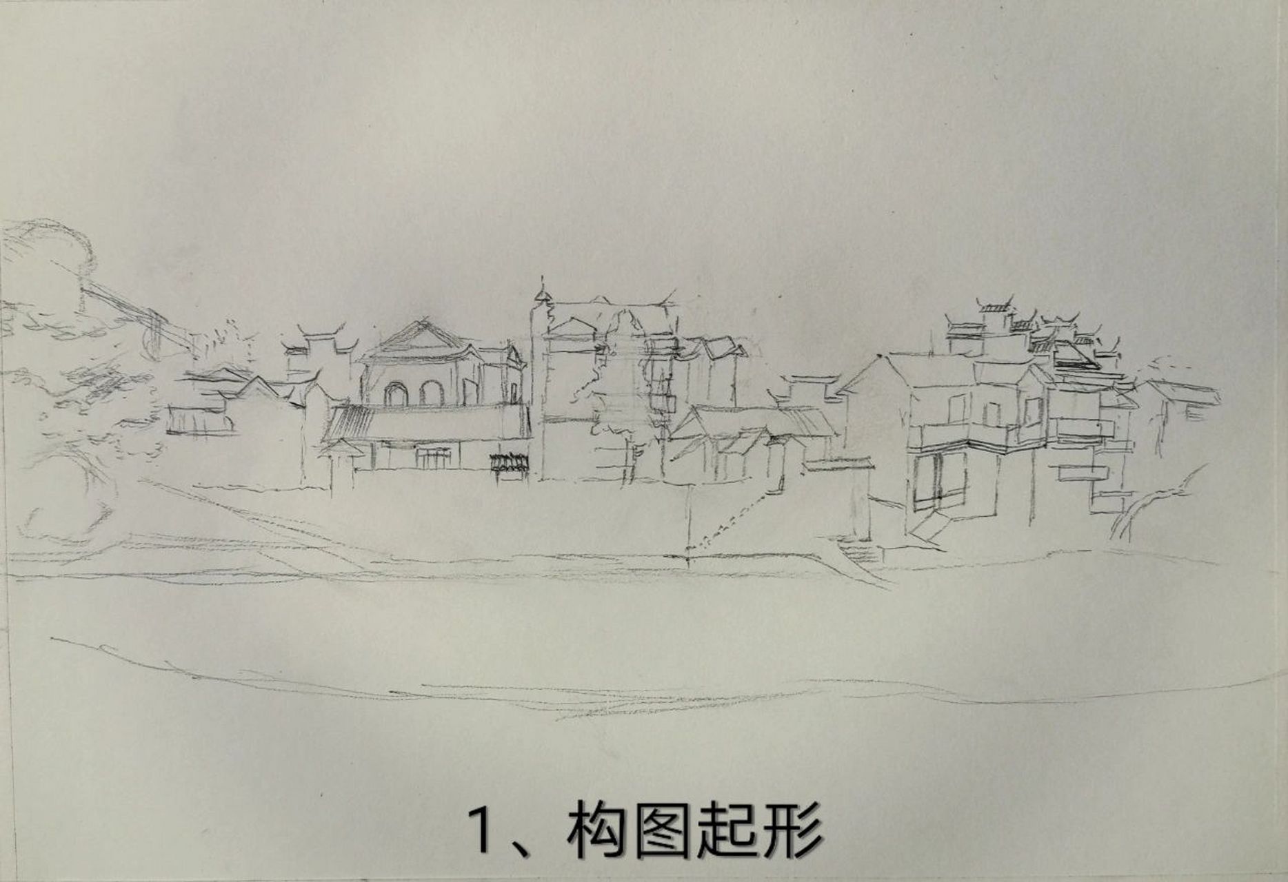 素描风景/家乡的河(2) 96方法与过程: 96将画面由近到远分卵石滩