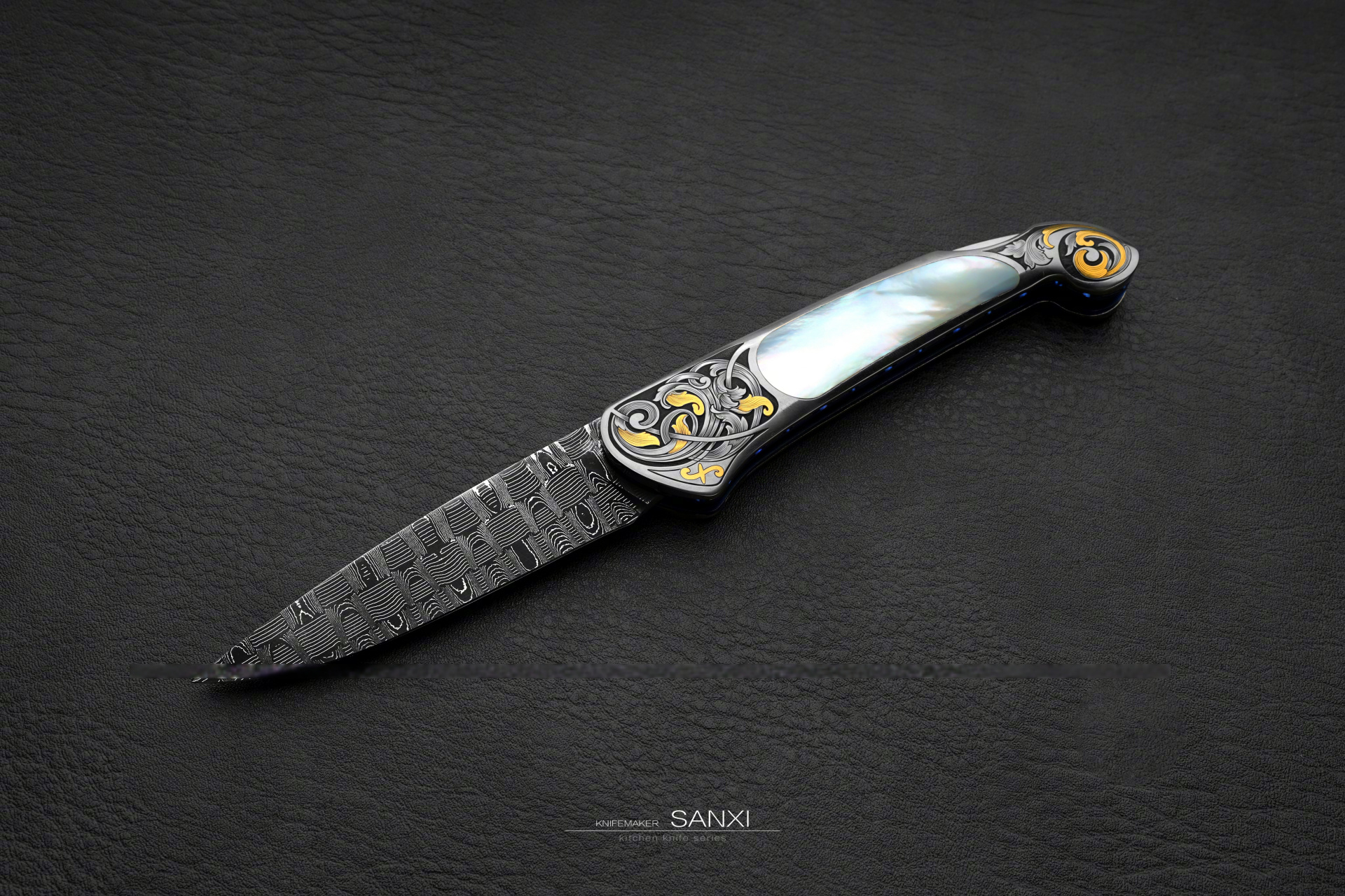 深海贝母西芙女神,钛合金柄手工雕刻卷草纹路,错24k真金,华丽典雅