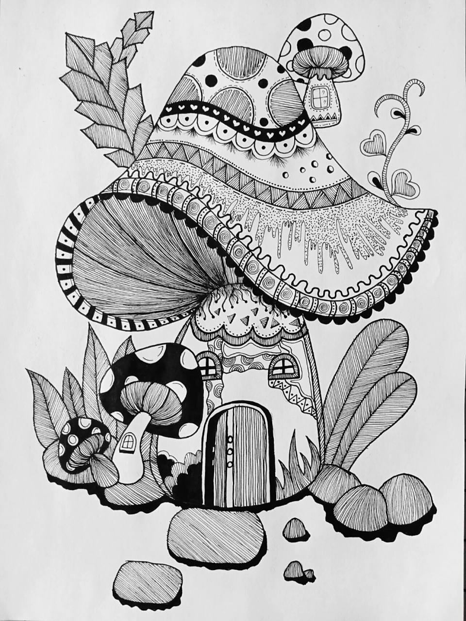 《蘑菇屋》线描画绘画过程