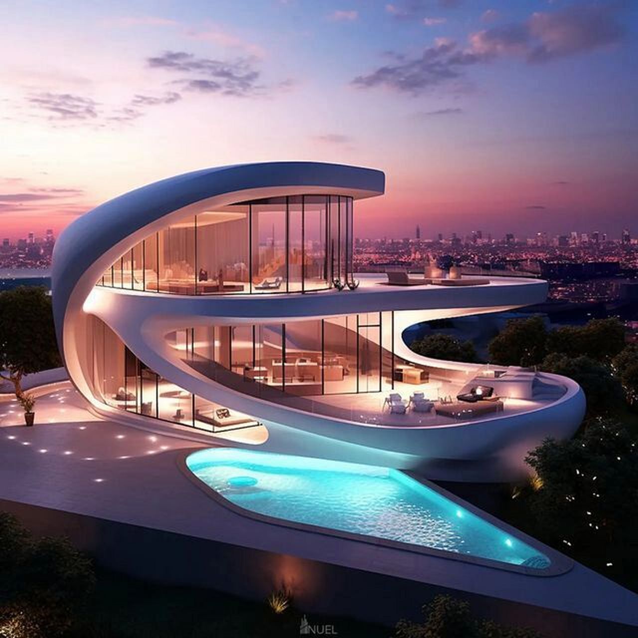 nuel uyiosa 建筑设计师 船型现代别墅概念带有游泳池和双层露天阳台