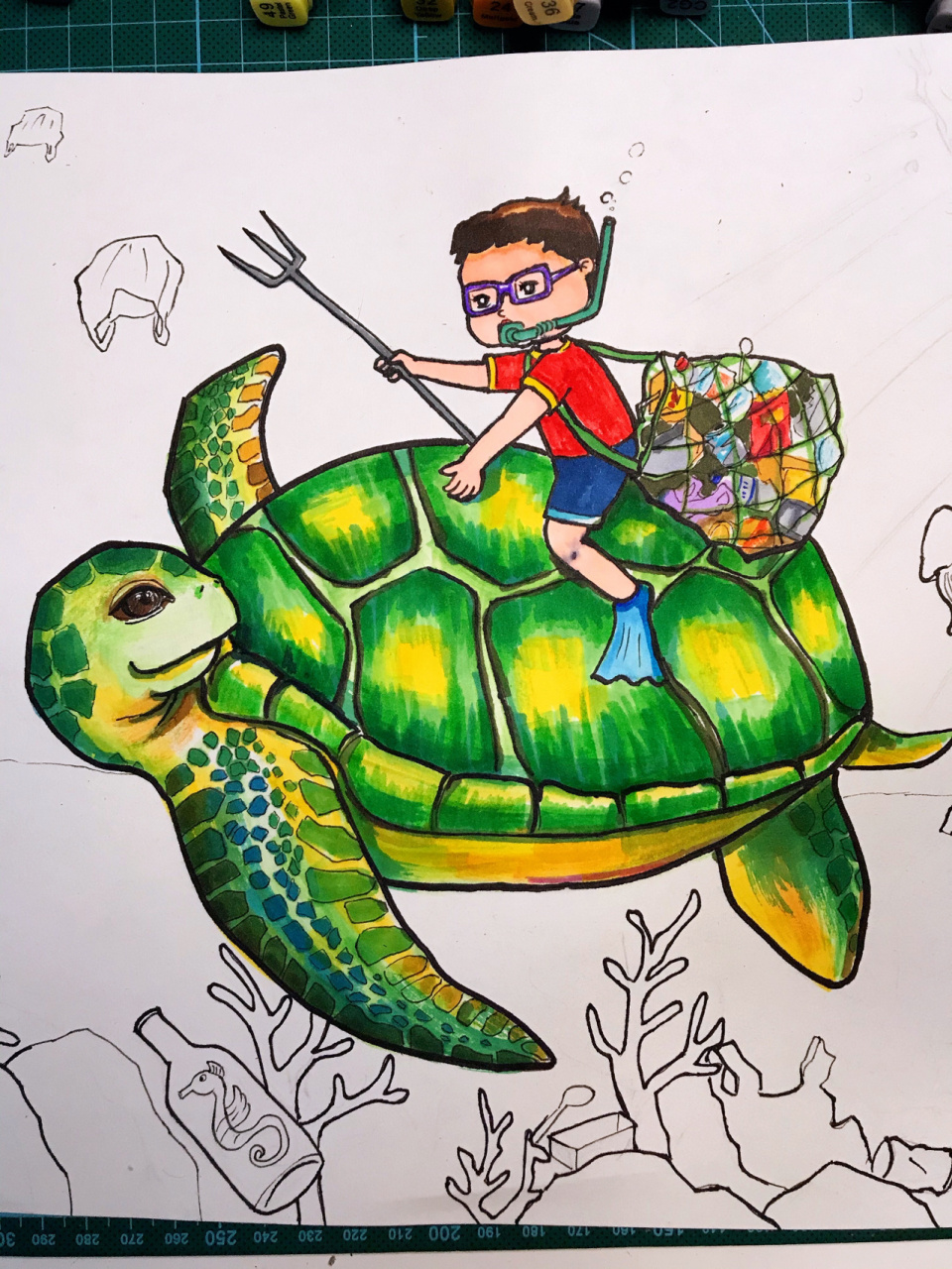 原创环境保护主题儿童绘画拯救地球海洋海龟 这是以保护环境爱护动物