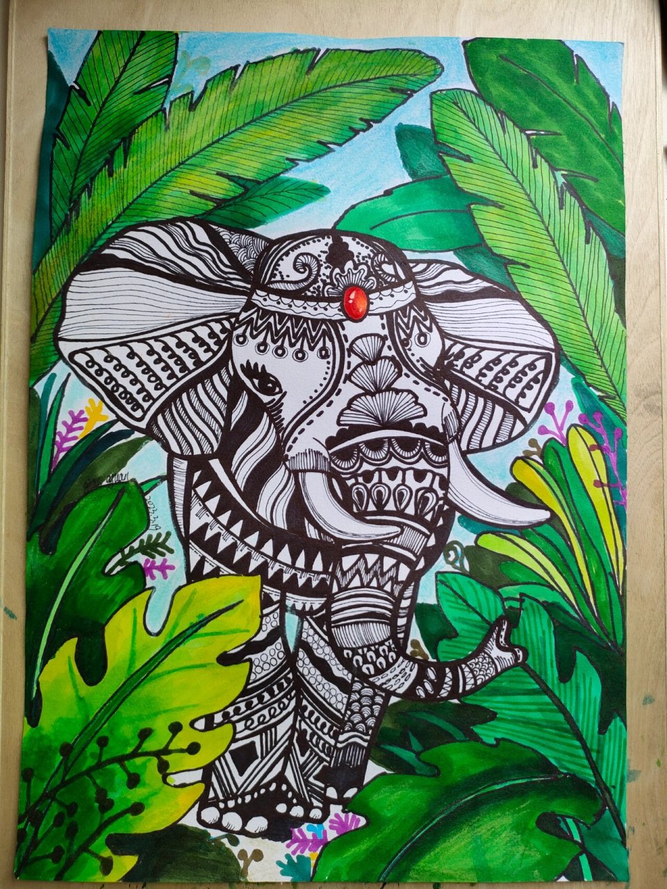 丛林大象绘画线描马克笔儿童画装饰画插画 范画分享