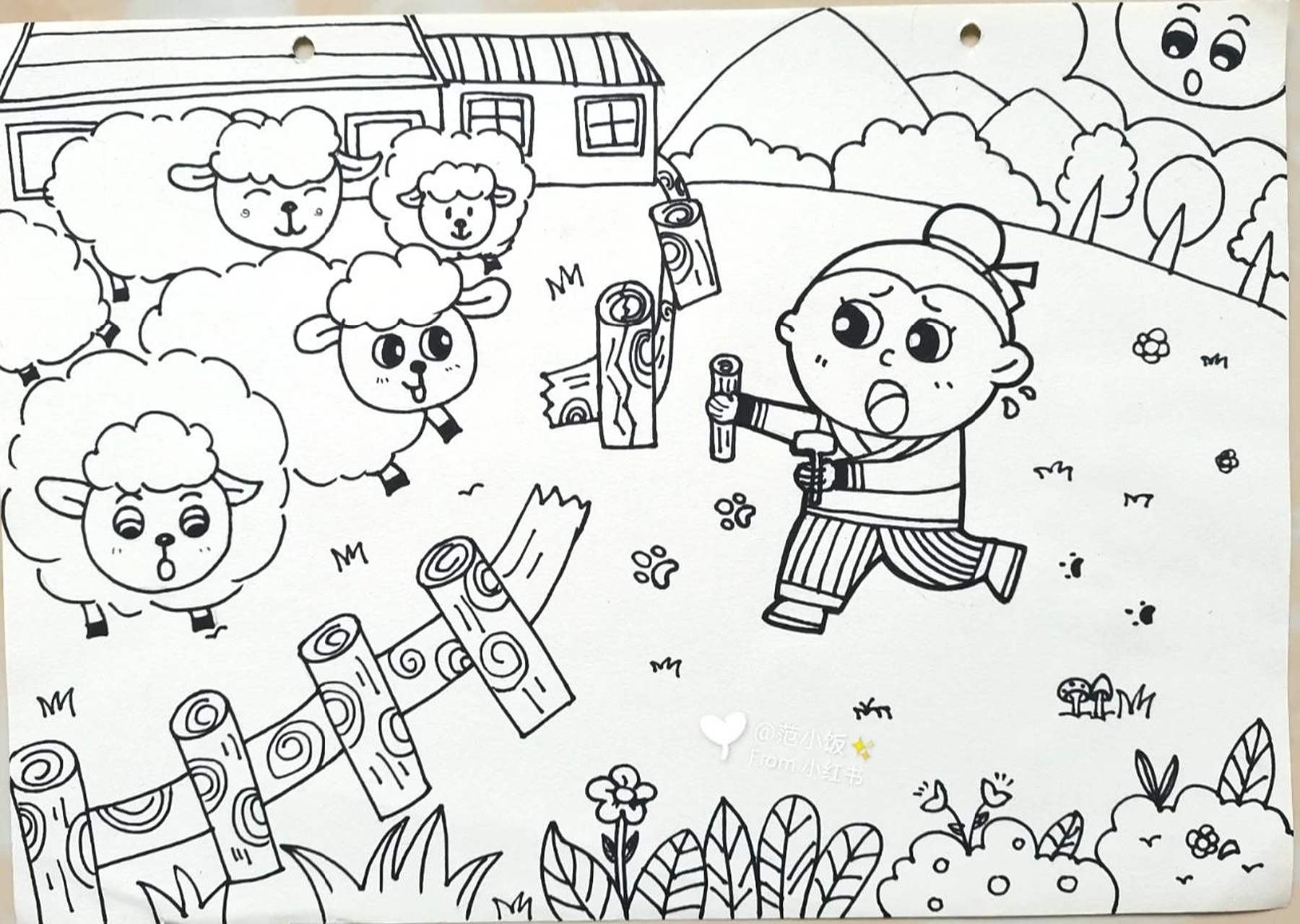 线描儿童画简笔画《亡羊补牢》主题画 发一个库存 喜欢的可以点赞77