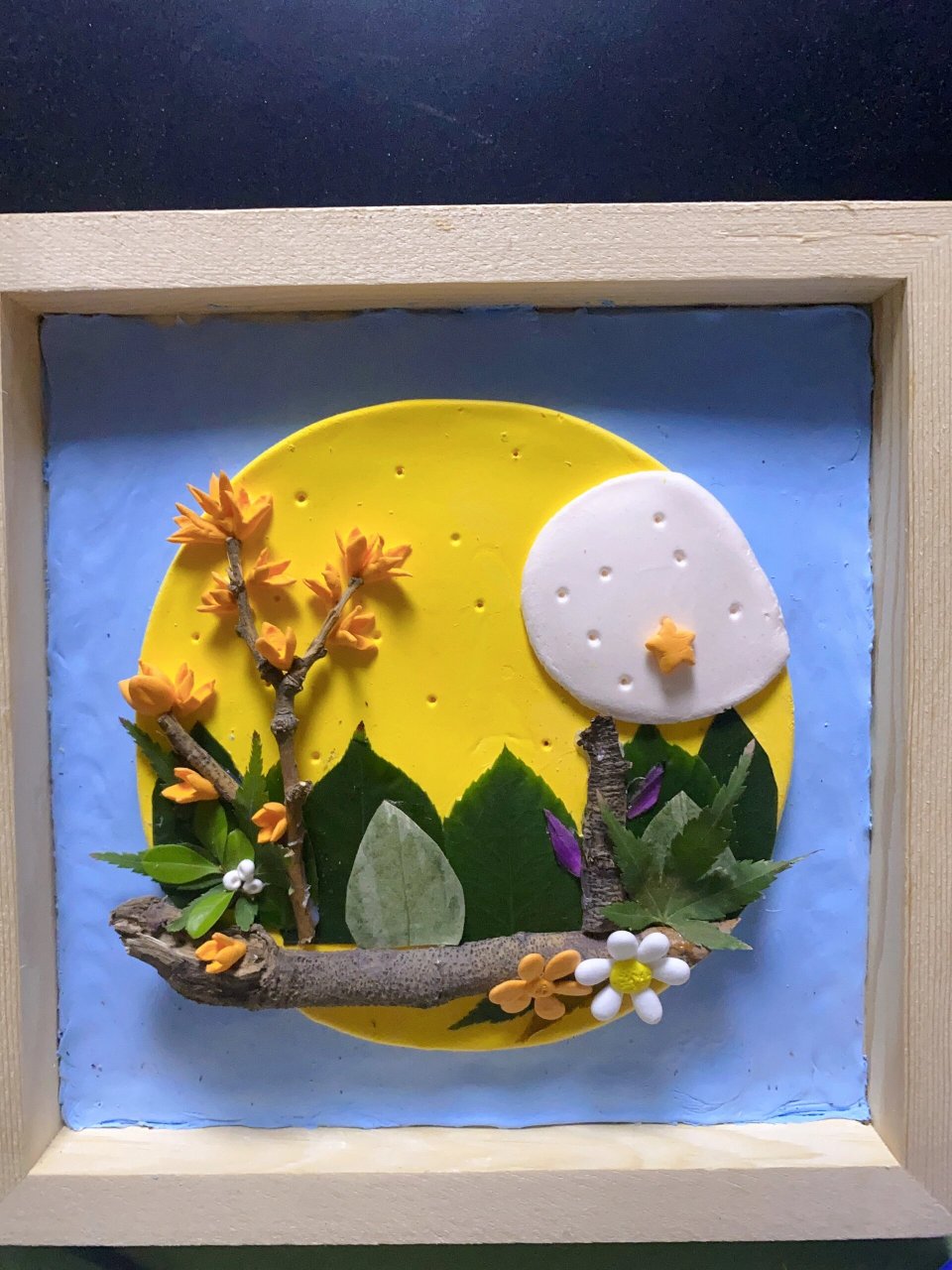 树叶黏土手工画-可爱的中秋小兔子,拿去交作