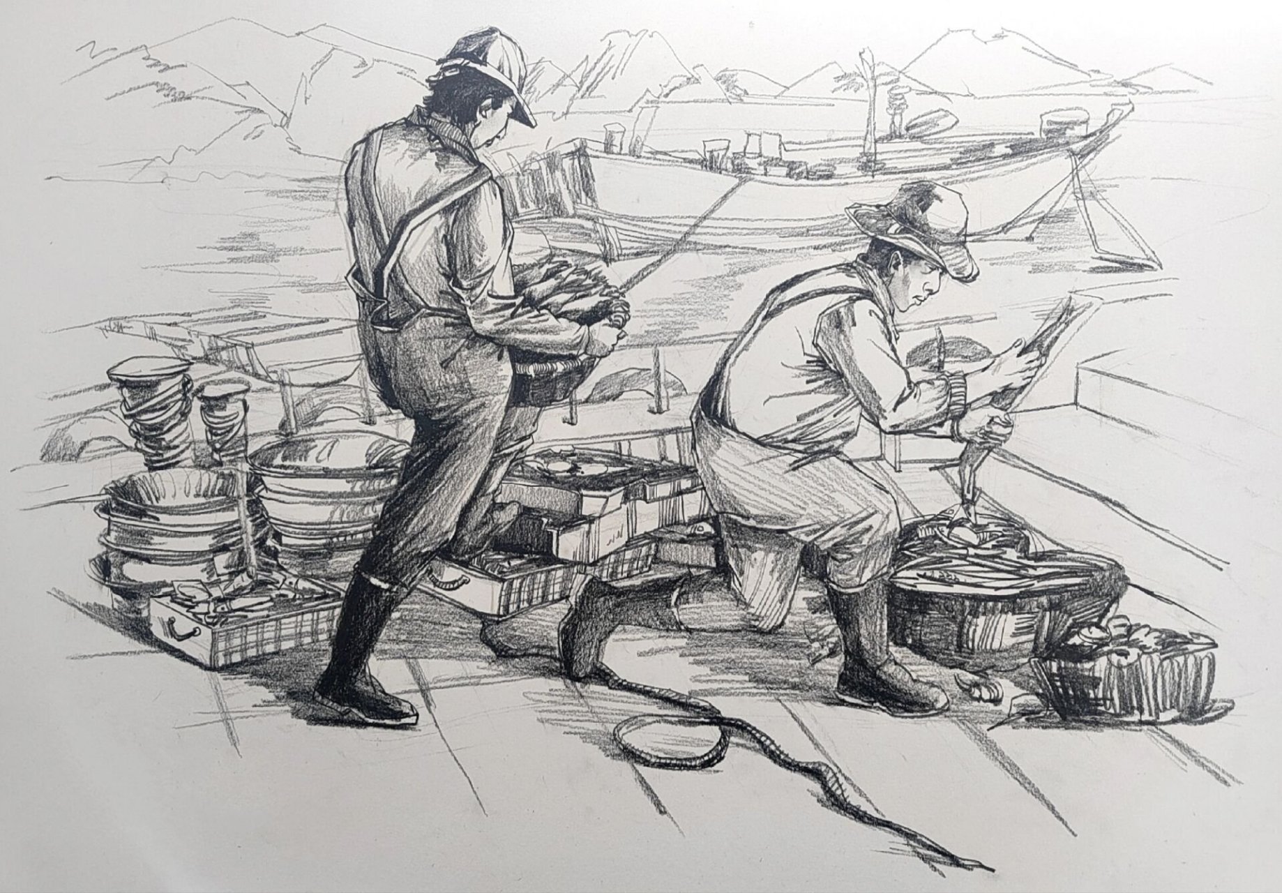 根据库尔贝油画《石工》创作海边捕鱼的场景 请根据库尔贝油画《石工