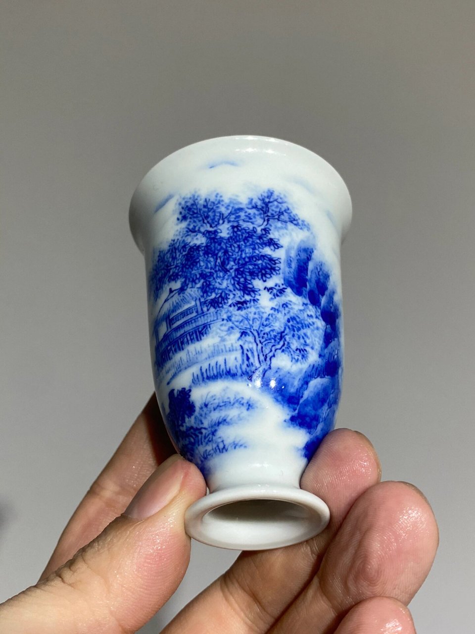 景德镇回流瓷寒窑主人杯 早期寒窑/手绘青花山水高脚主人杯,画工精美