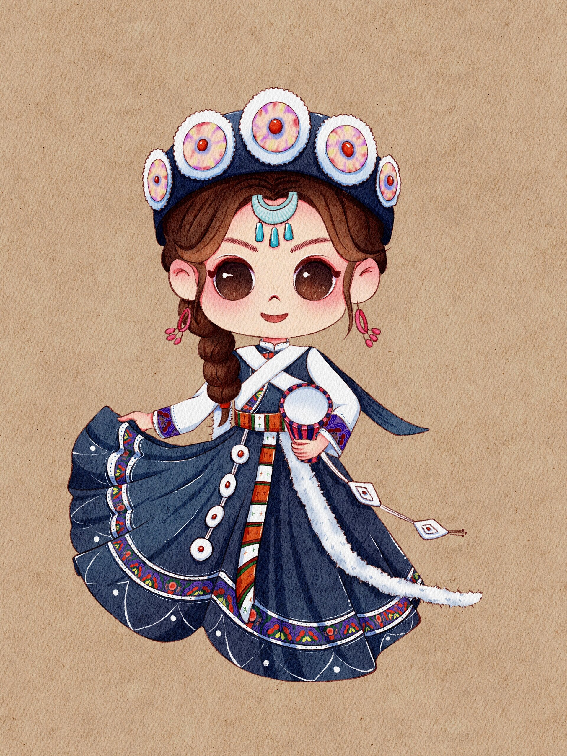 q版人物|民族娃娃(day39) 人物比例图 线稿图 上色图 主页更多q版人物