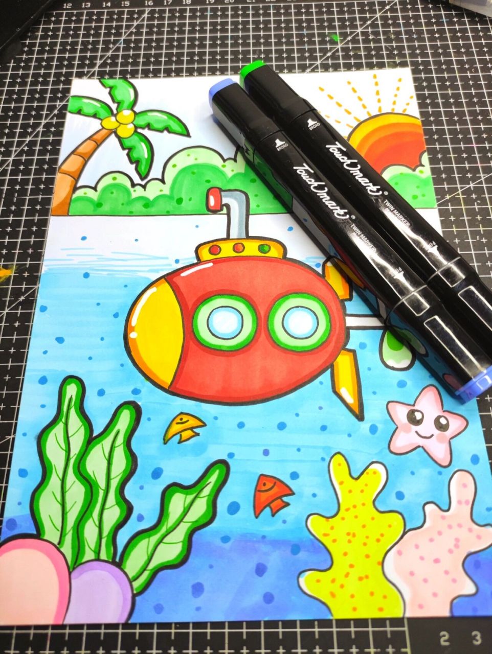 马克笔儿童画《潜水艇》                 99绘画工具 8215纸