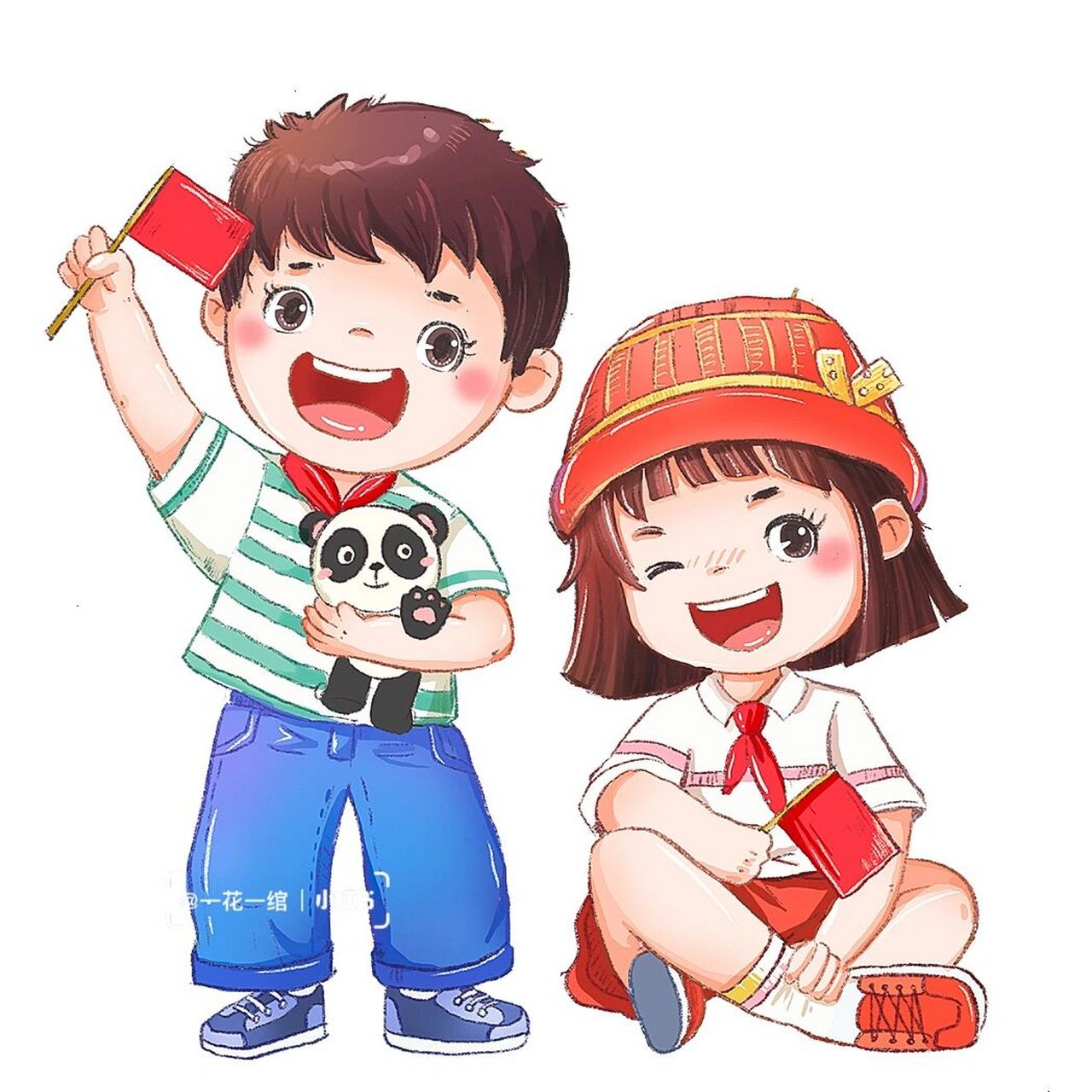 原创|ipad熟悉打卡小学生手拿红旗卡通画 [爱你]不要问我打卡的第四张