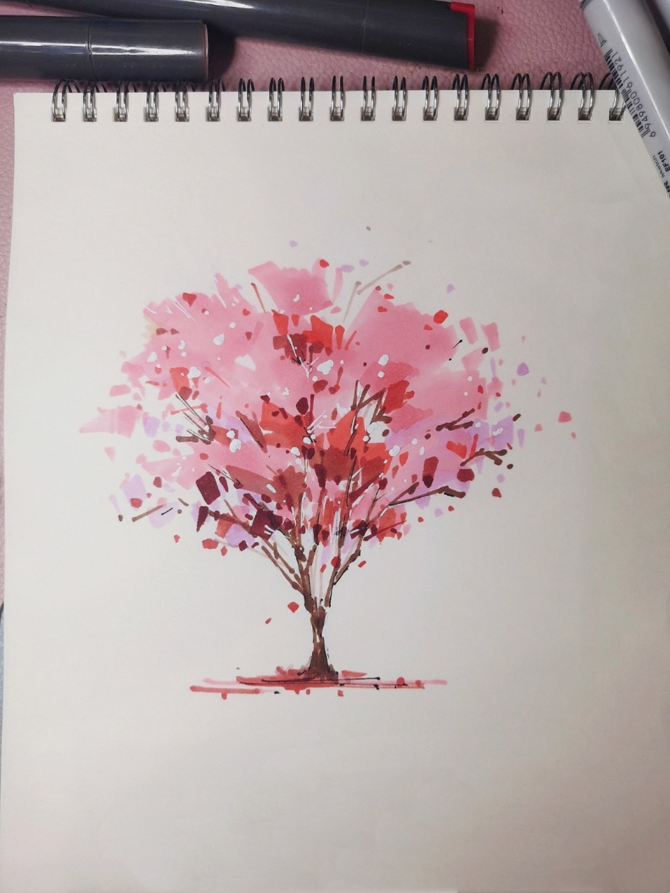 用马克笔怎么画樱花树图片