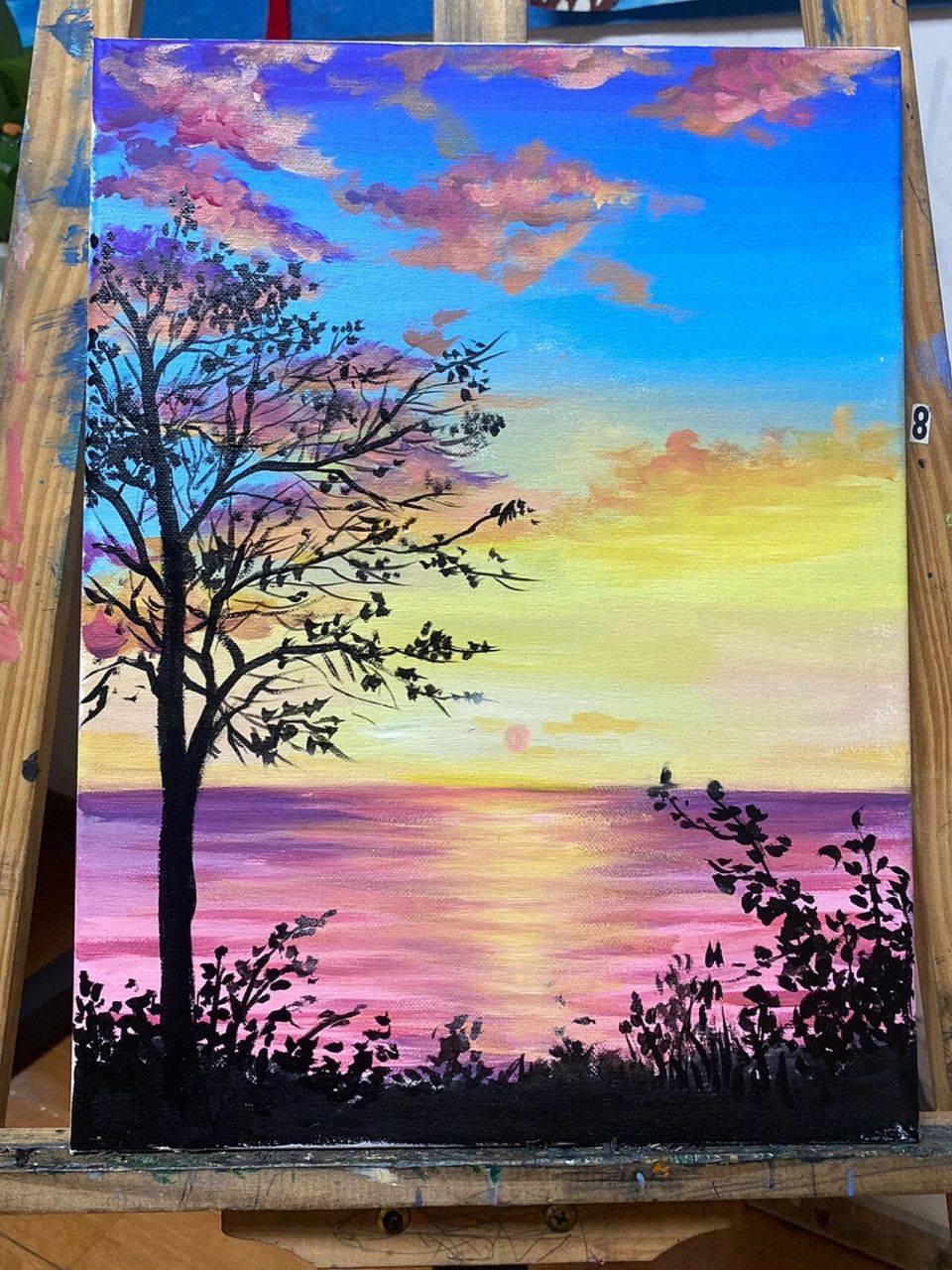 丙烯夕阳风景画(完整步骤配色) 尺寸30701540,用时两个半小时