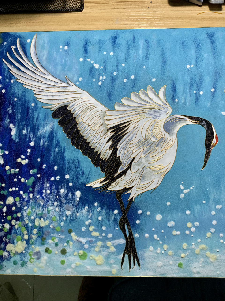 景泰蓝插丝珐琅画《舞仙鹤》 景泰蓝掐丝珐琅工艺画 最近被一副舞仙鹤