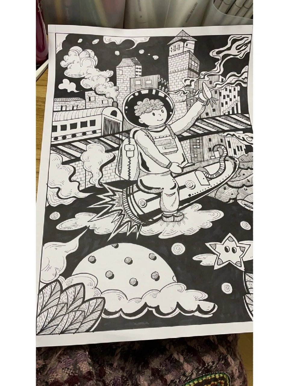 科技创造美好生活未来畅想黑白装饰画线描画
