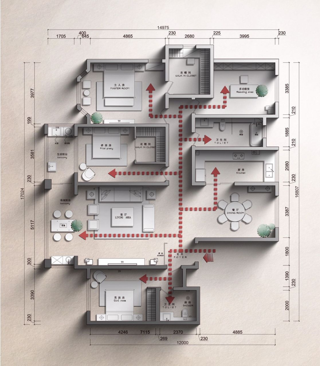简单版平面动线 操作步骤 1:在cad文件打印前,设置好动线,及动线的