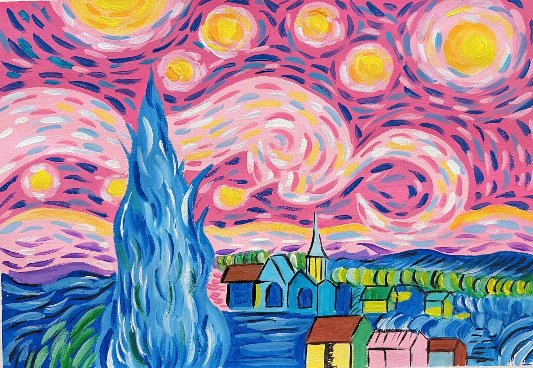 简易版水粉《粉色星空》绘画步骤图 图片参考