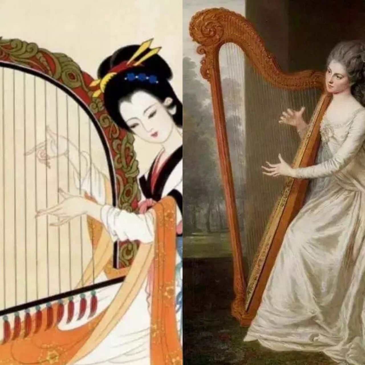 91区别1: 外形上 竖琴是单排弦,而箜篌是双排弦: 竖琴是长匣形共鸣