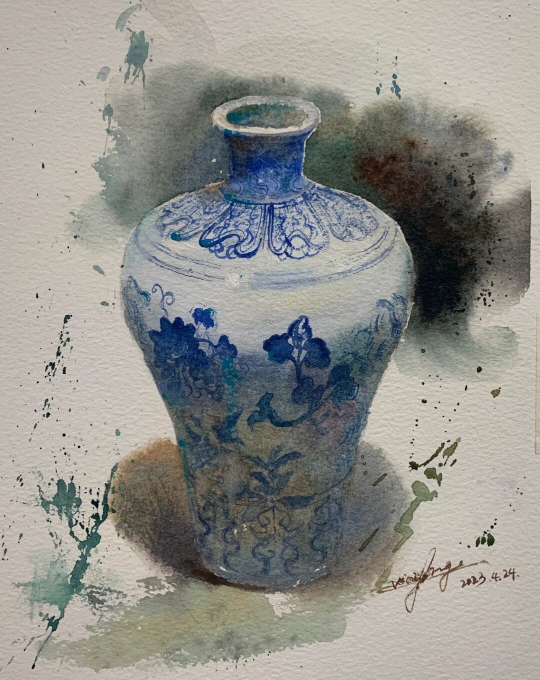 青花瓷 水彩速涂青花瓷,找了很多素材都不适合画,好不容易
