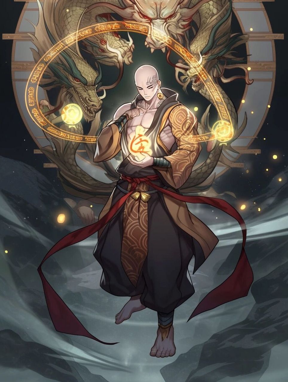 佛道-降龙罗汉 十八罗汉里的降龙尊者 咒语:a bald chinese monk with