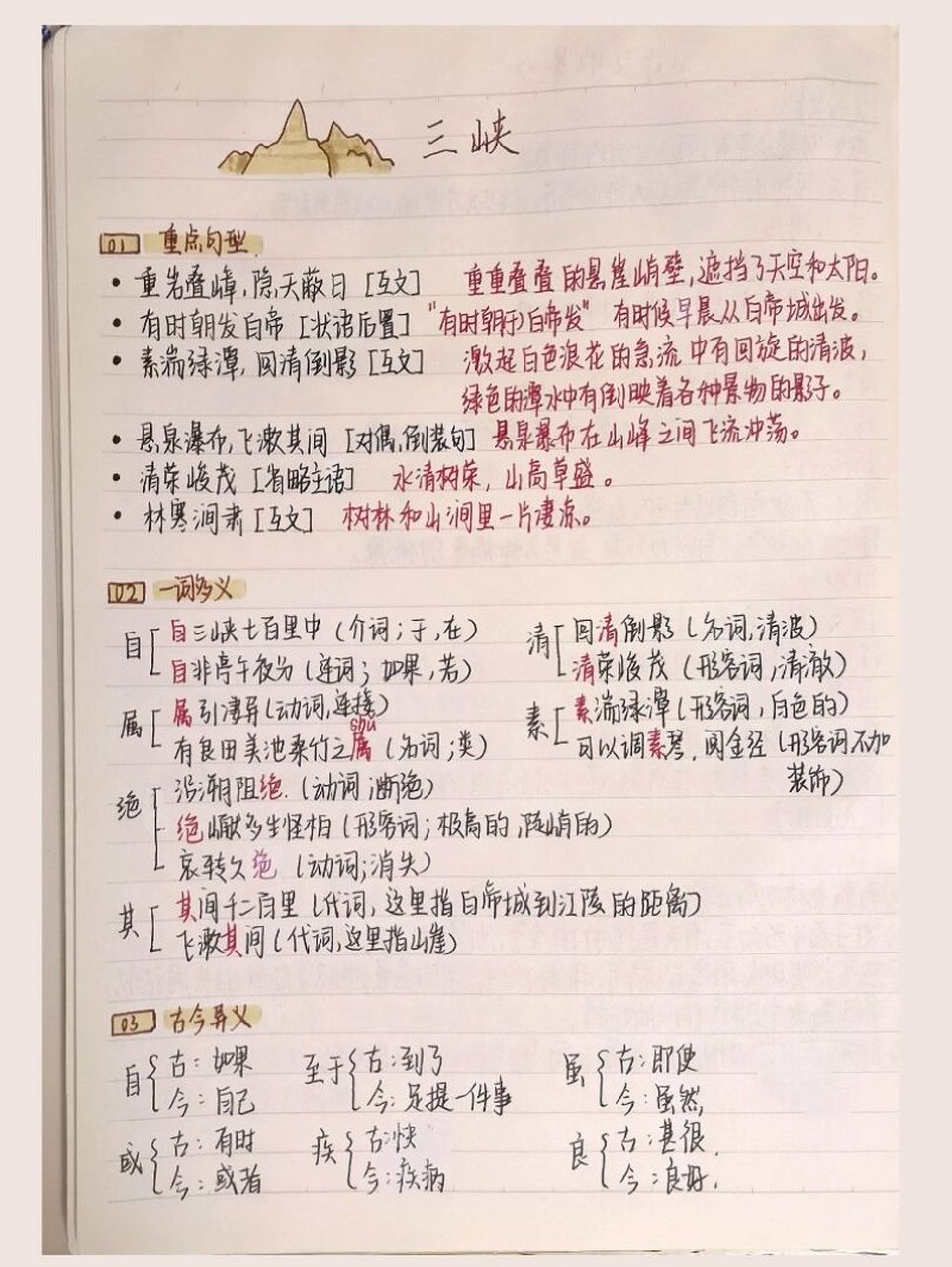 《三峡》笔记整理 73重点句型 73一词多义 73古今异义 73词类