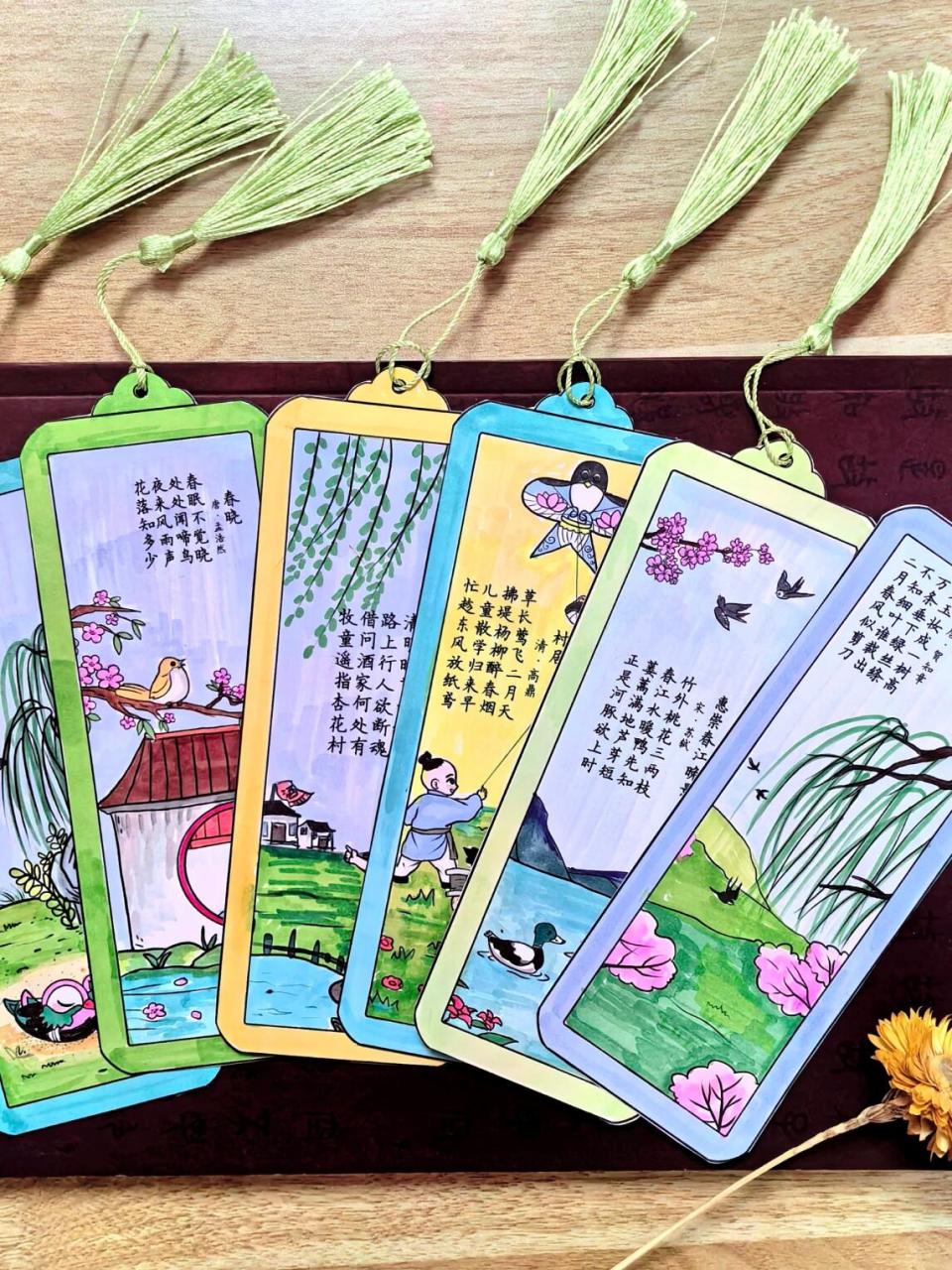 村居,清明,春晓,咏柳,绝句,惠崇春江晚景古诗书签 #自制书签# #手绘