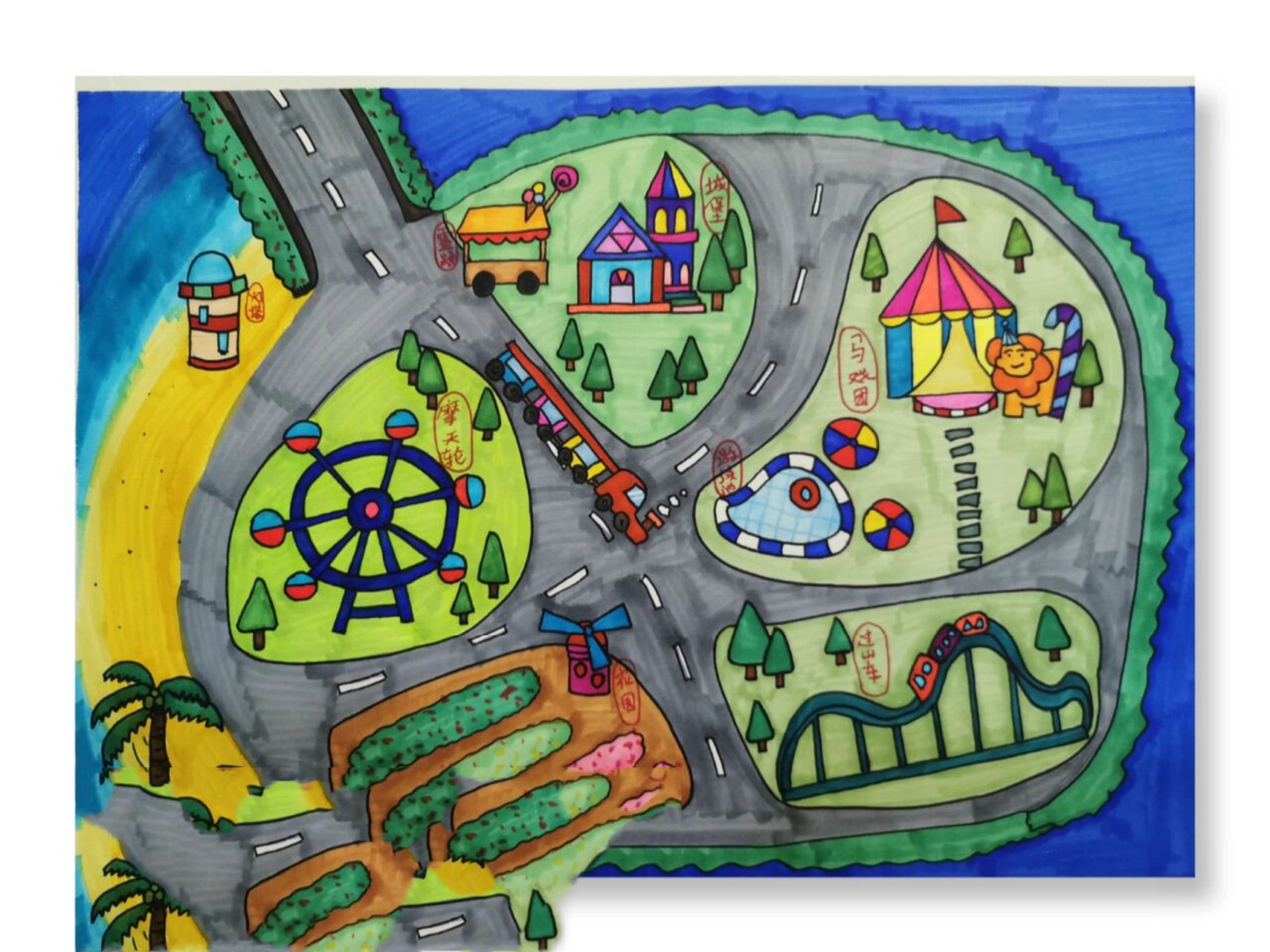 少儿美术绘画马克笔手绘地图儿童画游乐场