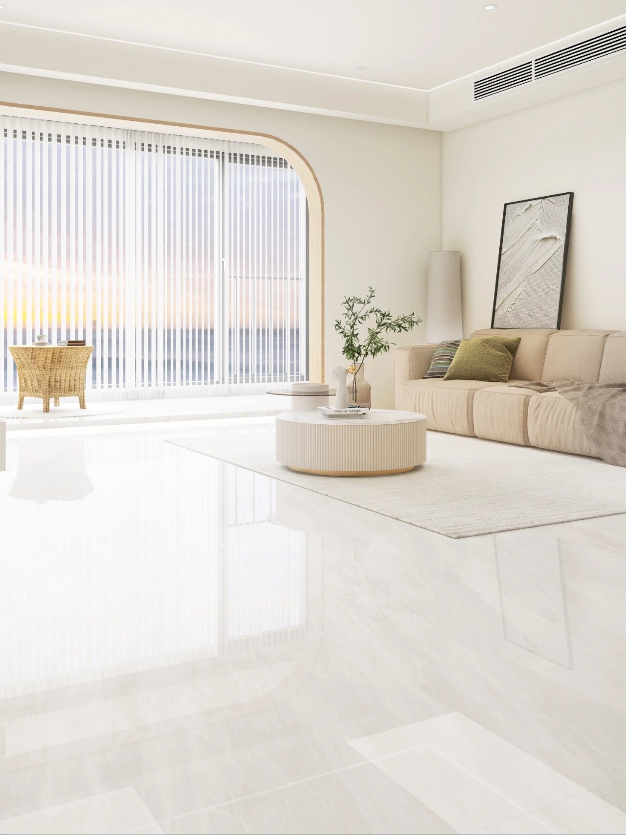 敞亮干净!全屋通铺白色亮面大理石瓷砖