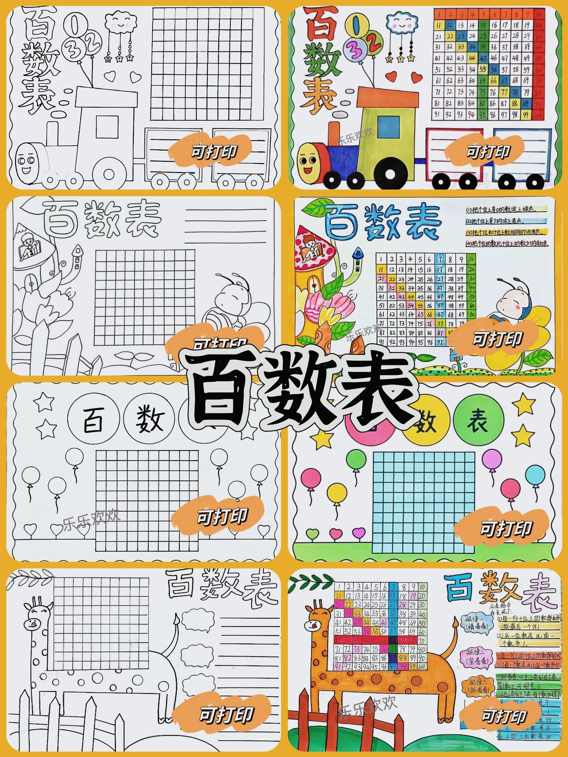 97百数表一年级数学下册手抄报主题画合集