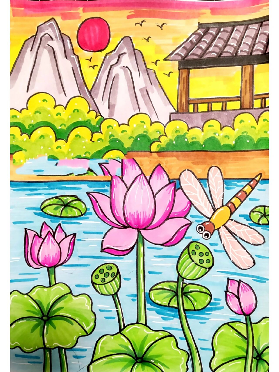 创意风景插画 池塘月色 7415原创荷花插画